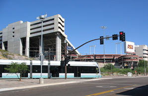 Light rail running past wells fargo area downtown tempe