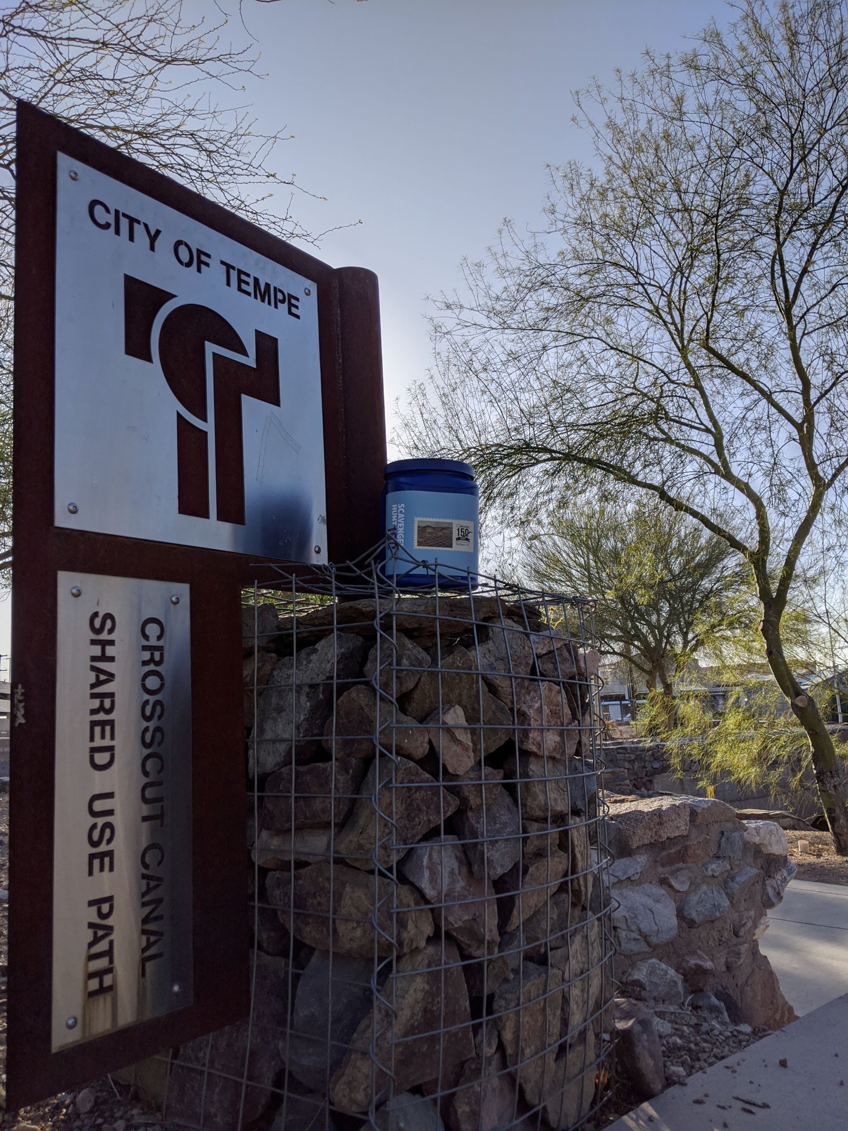 Crosscut Canal Sign and Scavenger Hunt Canister