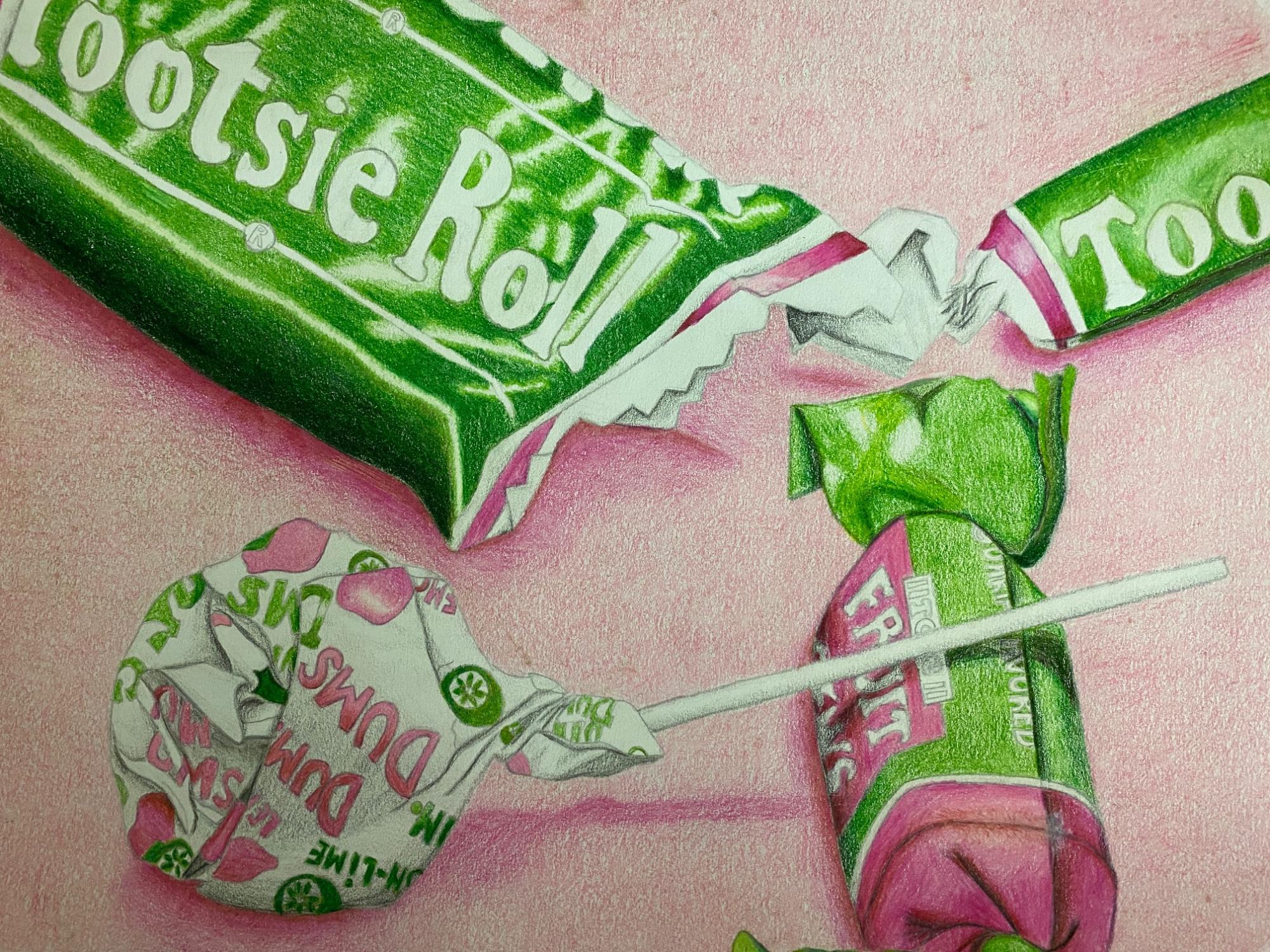 Colored pencil drawing of Tootsie Roll, Tootsie Pop, and lollipop candy