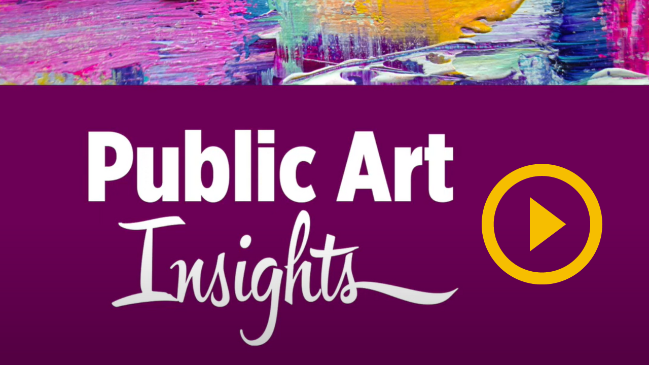 This image shows a purple background with the words "Public Art Insights." next to the text is a yellow play button.