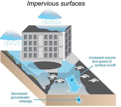 Image of Impervious Surfaces -- "hard" surfaces like roofs, roads, and parking lots that increase the volume of stormwater runoff.