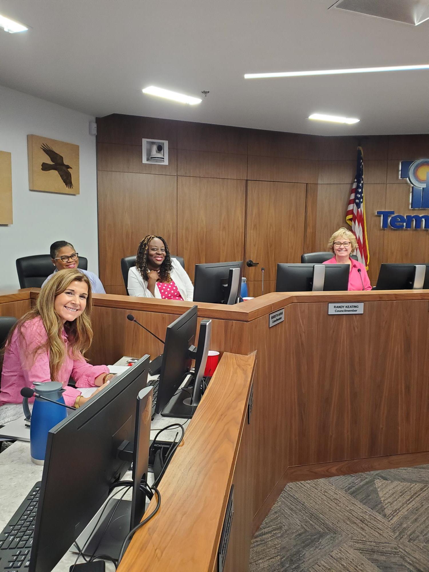 City Manager Rosa Inchausti and Councilmembers Hodge and Adams on the dais at a Tempe City Council meeting