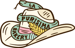 Logo for La Purisima Bakery. Images shows a green snake wrapped around a Mexican cowboy hat with a pink band and yellow feather.