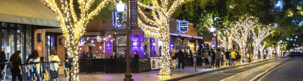 street view of Mill Avenue shops with trees decorated in festive holiday lights