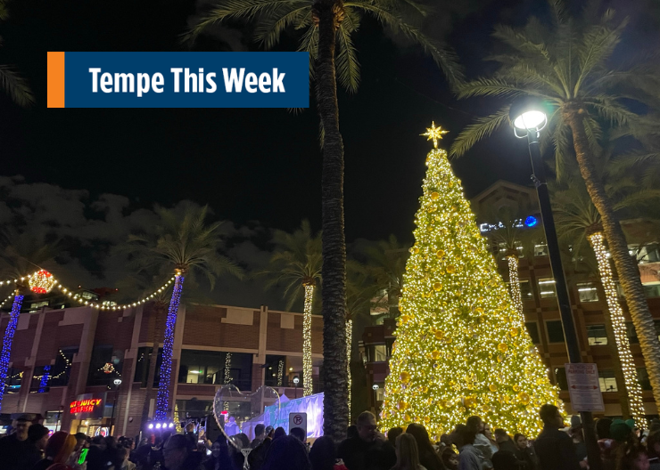 Photo of holiday tree at Ceterpoint on Mill lit up at night