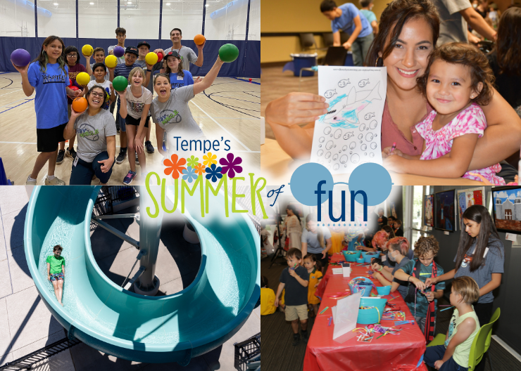 Grid of four photos of summer fun activities with Summer of Fun logo on top