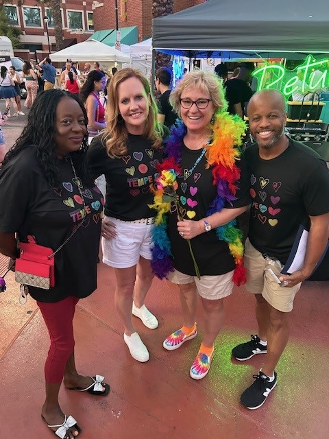 Councilmembers Hodge, Amberg, and Adams pose with Mayor Woods at the Downtown Tempe Pride Party 