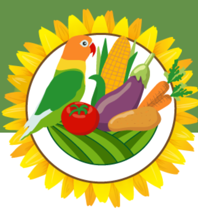 Illustration of a parrot sitting next to an eggplant, tomato, and various other veggies. Logo for the Clark Park Community Garden.