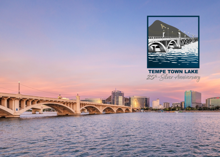 A photo of Tempe Town Lake at sunset with the 