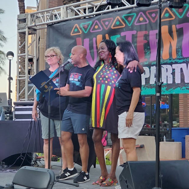 Councilmembers Adams, Hodge, and Chin join Mayor Woods onstage at Tempe's 2024 Juneteenth celebration