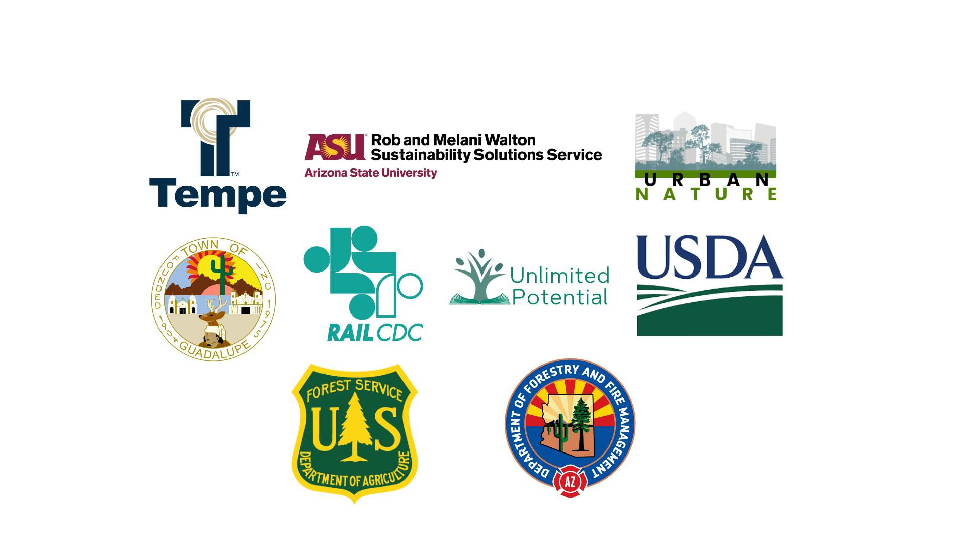 Sponsor Logos: Tempe, ASU, Urban Nature, Guadalupe, RAIL CDC, Unlimited Potential, USDA, USFS, DFFM