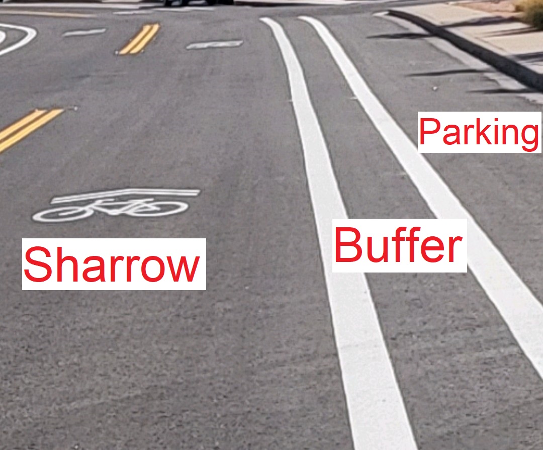 Picture of shared traffic lane with buffer and parking areas